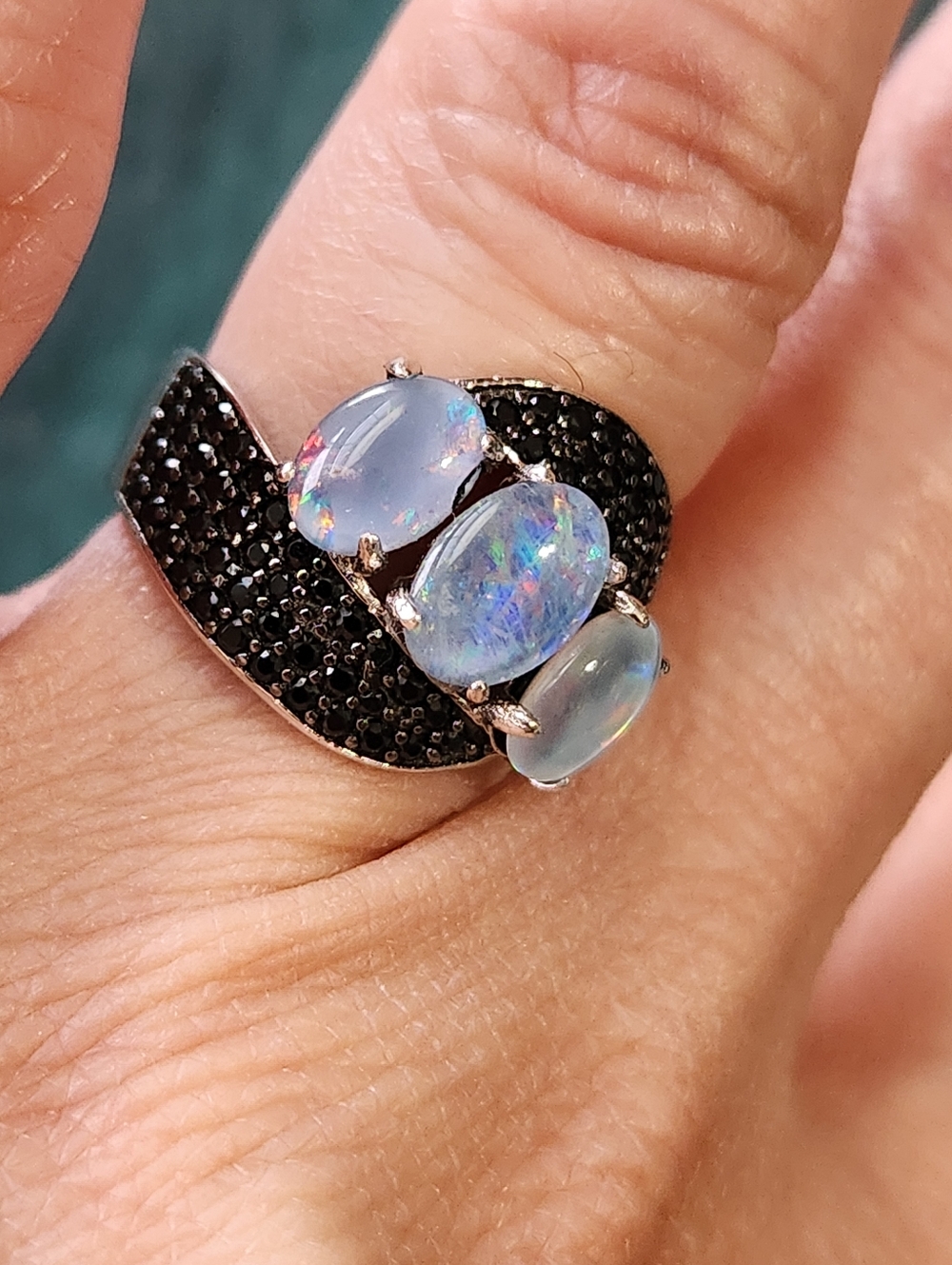 NIB VTG 925 Natural Opal Triplet Stone Black Spinel Pave Accents Ring Sz 5 - Picture 5 of 14